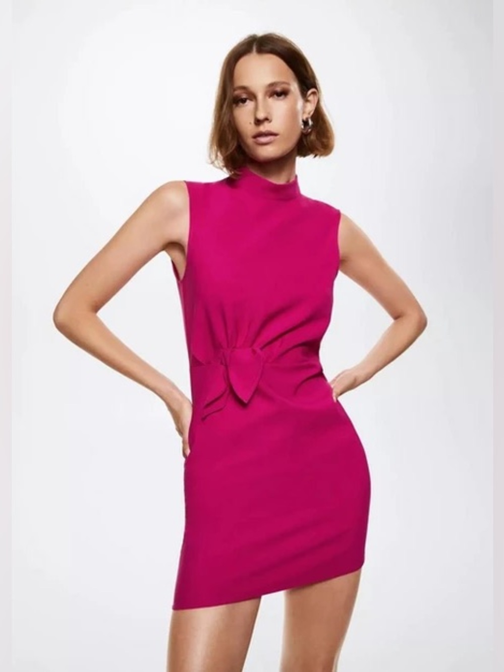Mango Sleeveless Hot Pink Mock-Neck Mini Dress